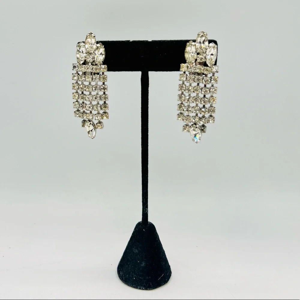 Vintage rhinestone fringe clip on earrings costume jewelry silver tone